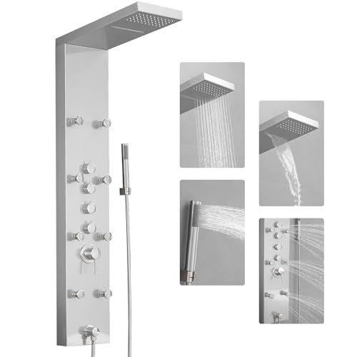 Brushed Nickel Shower Panel System Stainless Steel Rainfall Shower Tower | 4-Functions with 8 Adjustable Water Massage Nozzles Handheld Showerhead Wall Mounted Shower Panels by BATHLAVISH - color: Nickel