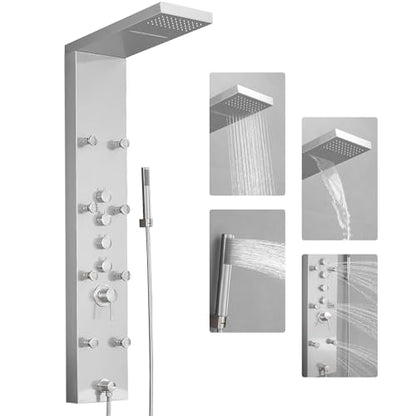 Brushed Nickel Shower Panel System Stainless Steel Rainfall Shower Tower | 4-Functions with 8 Adjustable Water Massage Nozzles Handheld Showerhead Wall Mounted Shower Panels by BATHLAVISH - color: Nickel