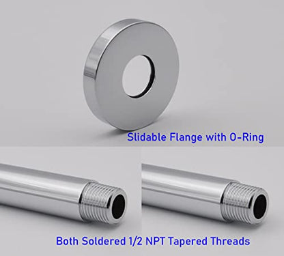 Shower Arm and O-Ring Flange, 3 inch, Solid Brass, Round, Both Soldered 1/2 NPT Tapered Threads, Straight Shower Arm Extension, Ceiling Shower Head Arm for Rainfall Shower (Polished Chrome) - color: Polished Chrome