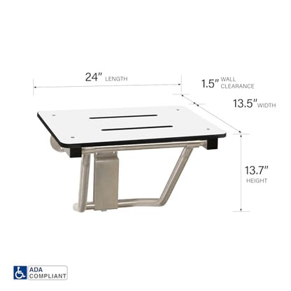 Seachrome Lift-Assist Shower Seat, Yoke-Style Bench, Wall Mount, 24" x 15", Solid White Phenolic - color: White, size: 24 inch