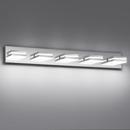 Modern LED Stainless Steel Chrome Acrylic Bathroom Lights Fixtures 5-Light | Wall Lighting,Vanity Lights for Bathroom Over Mirror 6000K 350°Rotate（No Assembly Required） - color: Chrome, size: 34.25 in