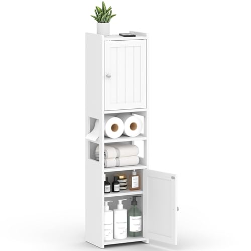 Small Bathroom Storage Cabinet 39"H Narrow Corner Floor Cabinet, White | Slim Skinny Design for Kitchen Living Room fits Tight Spaces, Moisture-resistant MDF, with Reversible Door, Adjustable Shelf - color: White