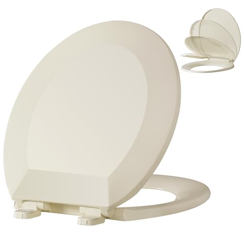 Angol Shiold Round Toilet Seat - Slow Close Hinges, Ergonomic Design with Grip-Tight Bumpers, Safe Easy-Clean PP Material (Almond, 16.5" Round) - color: Almond, size: Round 16.5‘’