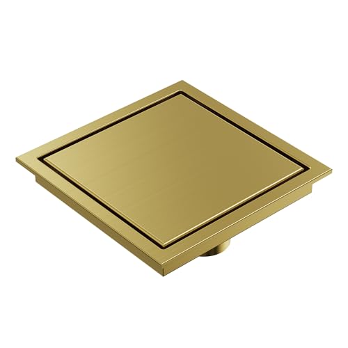6 Inch Square Shower Floor Drain, Brushed Gold SUS304 Stainless Steel Grid Grate with X-Shaped High Flow Channel, Anti-Clogging Hair Strainer, Standard 2" Outlet | Reversible flat & tile-in cover, anti-odor auto-seal core, burr-free smooth edges for baref