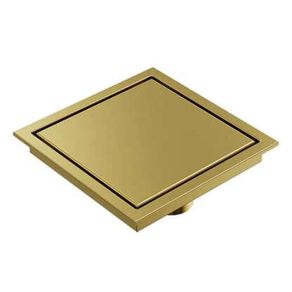 6 Inch Square Shower Floor Drain, Brushed Gold SUS304 Stainless Steel Grid Grate with X-Shaped High Flow Channel, Anti-Clogging Hair Strainer, Standard 2" Outlet | Reversible flat & tile-in cover, anti-odor auto-seal core, burr-free smooth edges for baref