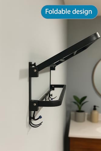 Foldable Towel Rack with Hooks – Wall Mounted Stainless Steel Bathroom Shelf for Towels, Bathrobes & Accessories | Double dacker, Rust-Resistant, Space-Saving Design for Modern Bathrooms (Matte Black) - color: Matte Black
