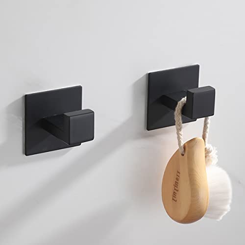 Flybath 2PCS Towel Hook Self Adhesive SUS 304 Stainless Steel Matte Black | Square, No Drill, Strong Hold, Rustproof, Wall Mount, Stylish Coat Robe Door Hooks For Hanging, Kitchen Bathroom Accessories - color: Matt Black