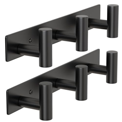 HUFEEOH 2 Pack Coat Hooks Wall Mount, Black T Shaped 3 Hooks Wall Hooks Stainless Steel Coat Hanger Wall Mount, Heavy Duty Towel Hooks Purse Rack for Hanging - color: Black, size: 2 Pack "T" shape 3 hooks