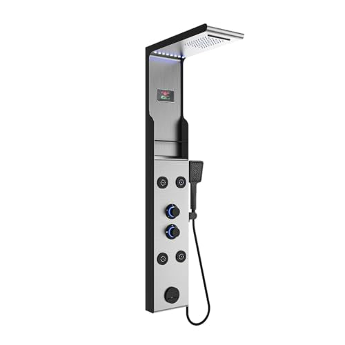 ELLO&ALLO LED Rainfall Shower Head and Rain Massage System with Body Jets Stainless Steel Bathroom Shower Panel Tower System with Shelf, Brushed Nickel&Black