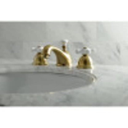 Kingston Brass KS3968PX Restoration Widespread Lavatory Faucet with Porcelain Cross Handle, Brushed Nickel - color: Brushed Nickel