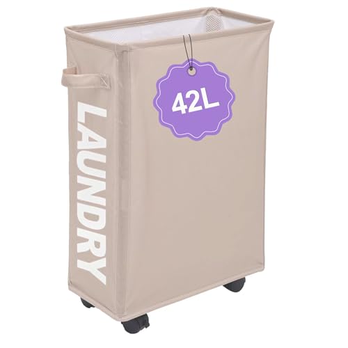 Slim Rolling Laundry Hamper with Wheels, 42L Collapsible Narrow Laundry Basket with Drawstring Mesh Cover, Foldable Dirty Clothes Organizer for Bathroom, Dorm, Small Spaces, Khaki - color: Khaki