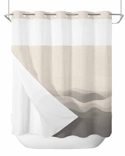 No Hook Shower Curtain and Snap in Liner Set, Grey Beige Ombre Fabric Bathroom Shower Curtains 72x72 Inch, See Through Mesh Top Window, Minimalist Ocean Waves Linen Hotel Style, Washable Waterproof - size: 72"W x 72"L (Pack of 1)