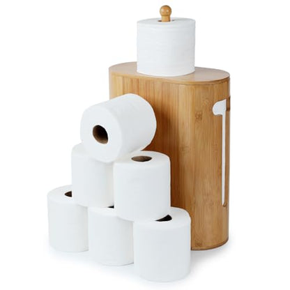 Gobam Bamboo Toilet Paper Storage with Dual-Use Lid, Freestanding Bathroom Tissue Organizer with Viewing Slot, Built-In Handle, Anti-Slip Base, Compact Toilet Paper Holder Stand for up to 6 Mega Rolls - size: 6 Roll - Oval