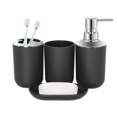 Black Bathroom Accessories Set 4 PCS, Black Bathroom Accessories | Plastic Soap Dispenser and Toothbrush Holder Set, Soap Dish and Mouthwash Cup, Boho Bathroom Decor, Bathroom Set - size: 4Pcs Black