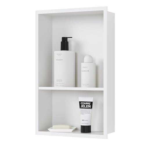 Qeke 12" x 18" Stainless Steel Shower Niche w/Double Shelves, Matte White | No tile Needed Wall Niche, Recessed Niche for Bathroom Storage, Space Saving, Over Mount Installation - color: Matte White, size: 12X18"