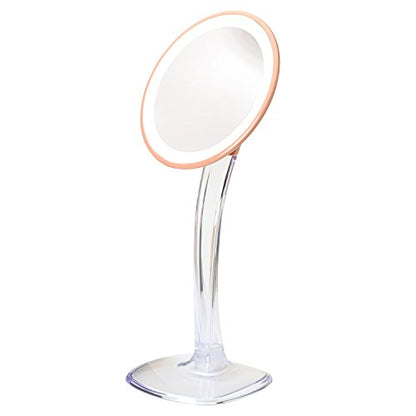 JERDON Lighted Tabletop Makeup Mirror - Makeup Mirror with 5X Magnification in Rose Gold Finish - 7.25-inch Round Vanity Mirror - Model JS725RL | 7.25" Round Frame, Adjustable 12.5" to 16" Height