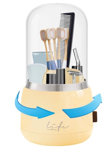 Covered Toothbrush Holder, 360° 7-Slot Rotating Draining Water, Beige | Toothbrush Bathrooms Organizer with Cover for Kids Electric Tooth Brush, Toothpaste, Razors, Cosmetic Brushes - color: Beige