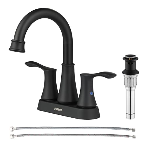 PARLOS Matte Black Bathroom Sink Faucet 4 Inch Centerset for Vanity | Swivel Spout, 2 Handle Lead-Free Deck Mount Bathroom Faucet with Pop Up Drain Supply Lines, for 2 or 3 Hole Lavatory Sink - color: Matte Black