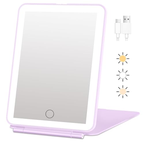 FUNTOUCH Rechargeable Travel Makeup Mirror with Lights Portable | 72 Led Lighted Makeup Mirror, 3 Color Lighting, Dimmable Touch Screen, Type C, Tabletop LED Folding Cosmetic Vanity Mirror - color: Purple