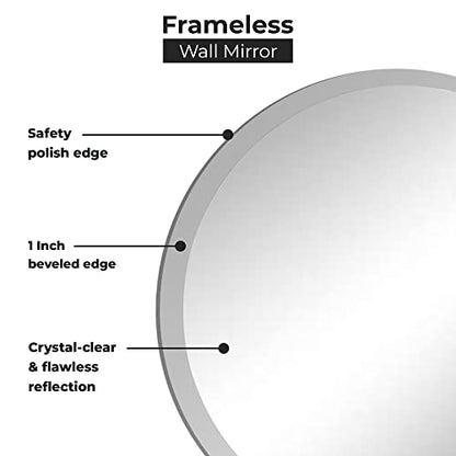 36 Inch Round Frameless Bathroom Vanity Mirror with Beveled Edge - Shatterproof Circle Wall Mounted Decorative Glass with Safety Backing for Living Room Bedroom Hallway Entryway - Fab Glass and Mirror - size: 36"L x 36"W, style: Round