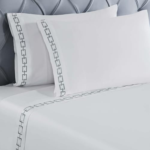 Superior Embroidered Cotton Bed Sheet Set, 1 Elastic Deep Pocket Fitted Sheet, 1 Flat Sheet, 1 Pillowcase, Daily Soft Sheets, Luxury, Unique Design, Chain Links Collection, Twin XL, White-Silver - color: White-silver, size: Twin XL