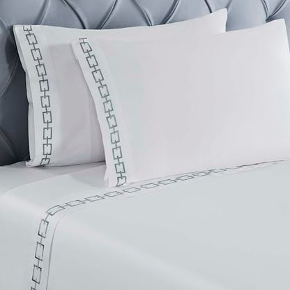 Superior Embroidered Cotton Bed Sheet Set, 1 Elastic Deep Pocket Fitted Sheet, 1 Flat Sheet, 2 Pillowcases, Daily Sheets, Luxury, Unique Design, Chain Links Collection, King, White-Silver - color: White-silver, size: King