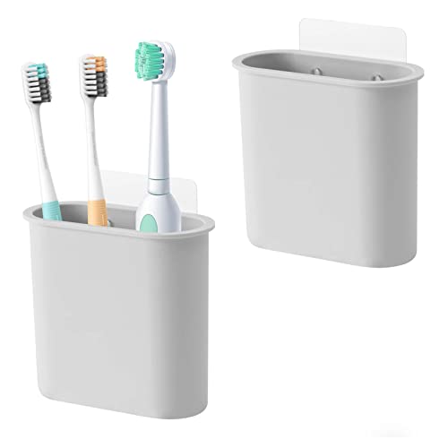 2 Packs Toothbrush Holders Wall Mounted, Self Adhesive Tooth Brush Holder for Bathroom Electric Toothbrush Toothpaste Razor Bathroom Accessories(Grey - color: Grey