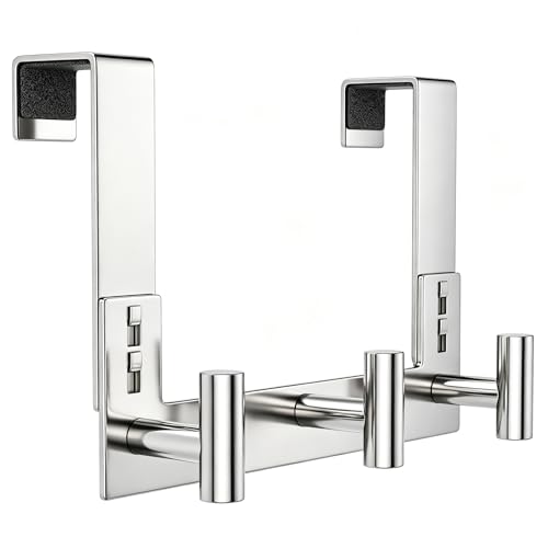 PMMASTO Over The Door Hooks, Fits 1-3/4" Thick Door No Drill Hooks for Closet Bathroom Bedroom Organization, Hanger for Coat Towel Robe (Polished Silver, 3 T-Hooks) - color: Polished Silver, size: 7.5 Inch-3 T-Hooks, Fits 1-3/4" Thick Door