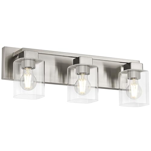 21.6 Inch Brushed Nickel Bathroom Light Fixtures, with Clear Glass Shade | 3-Light Bathroom Lighting Fixtures Over Mirror, Modern Wall Light, bathroom vanity light E26 Socket, ETL - color: Brushed Nickel, size: 3-Light