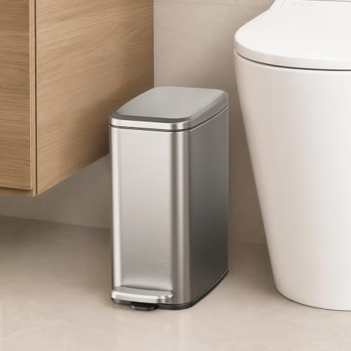 Cesun Slim Bathroom Trash Can with Lid, Soft Close, Silver, 6L/1.6 Gallon | Hidden Trash Bag Design, Small, Stainless Steel, Removable Inner Bucket, Foot Pedal, Odor Control, for RV/Office/Bedroom - color: Silver