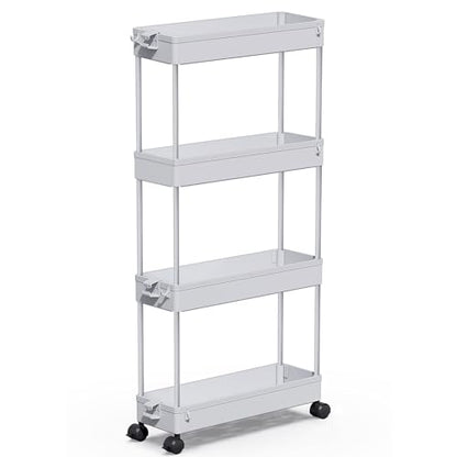 SPACEKEEPER Slim Rolling Storage Cart 4 Tier Bathroom Organizer Mobile Shelving Unit Storage Rolling Utility Cart Tower Rack for Kitchen Bathroom Laundry Narrow Places, Gray | Narrow Rolling Cart with Wheels for Kitchen Office Bathroom Laundry Room,Mobile