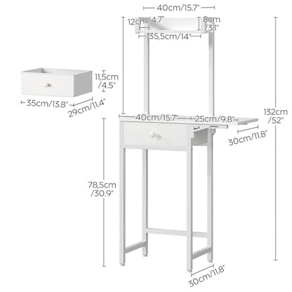 Small Vanity Desk Without Mirror, Makeup Vanity Table for Small Space, Compact White Dressing Table with Fold-up Panel and Fabric Drawer, for Bedroom, Easy Assembly, White
