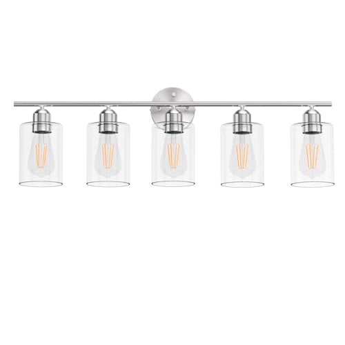Bathroom Vanity Light Fixtures Brushed Nickel Bathroom Lighting Fixture, 5 Lights Bathroom Light Fixture Over Mirror, Modern Black Vanity Light, Wall Sconces with Glass Shades - color: Brushed Nickel, size: 5 Lights