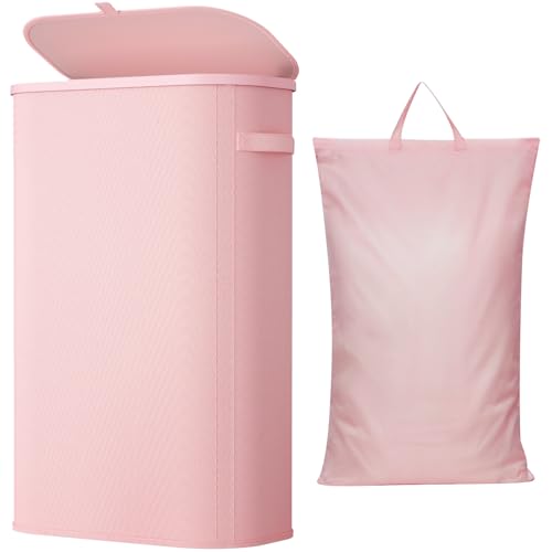 Lifewit Slim Laundry Basket with Lid, Narrow Large Laundry Hamper with Plastic Handles and Removable Bag, Tall Foldable Dirty Clothes Hampers for Laundry Room, Bedroom, Bathroom, Dorm, 65L Pink - color: Pink, size: 65L