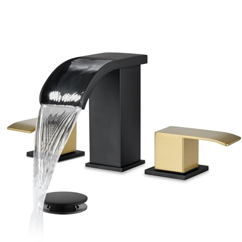 gotonovo Waterfall Bathroom Faucet 3 Hole Square Body,Matte Black&Gold | SUS304 8’’ Widespread Bathroom Sink Faucet,2.17’’ Wide Spout,24’’ cUPC Hose,Pop Up Drain,2 Handle,Vanity,Lavatory,Basin,RV - color: Pure Black&Gold