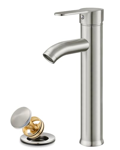 gotonovo Bathroom Vessel Sink Faucet Metal Pop Up Drain, Brushed Nickel | Tall Bathroom Faucet 1 Hole Single Handle Modern Round Body, cUPC Water Supply Hoses, for Basin Vanity Lavatory Restroom Rv - color: Nickel