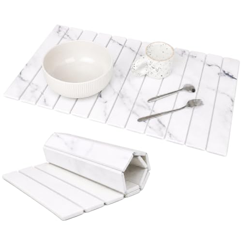 32"×16" Large Stone Dish Drying Mat for Kitchen Counter, White | Long Foldable Diatomaceous Earth Bath Mat, Super Absorbent Quick Drying Mat for Kitchen, White Marble