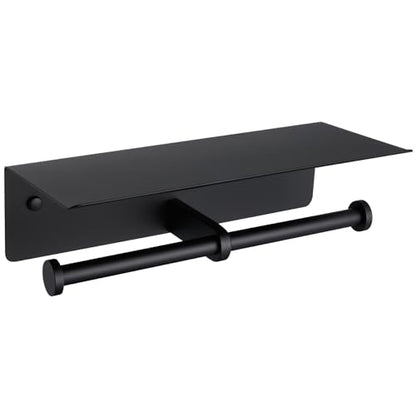 Toilet Paper Holder with Phone Shelf, APLusee SUS 304 Stainless Steel Bathroom Tissue Holder, Double Roll Paper Dispenser Wall Mounted, Matte Black - color: Matte Black, size: Double Rod