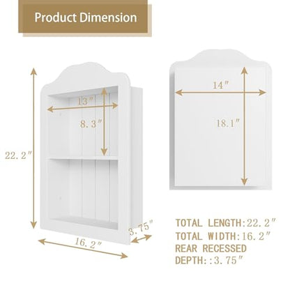CJL 14'' x 18'' Recessed Medicine Cabinet, Solid Wood in-Wall Bathroom Cabinet, Arched Wall Niche Shelf, 2-Tier, White - color: White, size: 14"x18.1"x3.75"