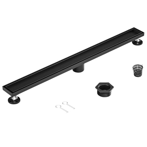 24-Inch Linear Shower Drain - 304 Stainless Steel | Reversible 2-in-1 Flat & Tile Insert Cover, Rectangular Floor Drain Set with Hair Catcher & Adjustable Leveling Feet - color: Matte Black, size: 24 Inch