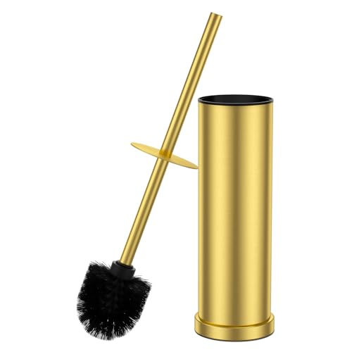 Brass Gold Toilet Brush and Holder Set，Stainless Steel Heavy Duty Toilet Bowl Brush，Extra Long Handled Modern Toilet Cleaner Brush with Replaceable Head, Removable Inner Bowl, and Splash Protection - color: Brass Gold, size: 1 Pack