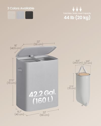 SONGMICS Laundry Basket with Lid, 42.2 Gallons, 2-Compartment Laundry Hamper with Handle, Removable Liner, Easy Assembly, 22 x 15.7 x 27.5 Inches, Dove Gray ULCB822G101 - color: Dove Gray