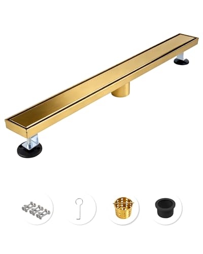 36 Inch Brushed Gold Linear Shower Drain | CUPC Certified 2-in-1 Tile Insert for Curbless Showers. 304 Steel, 15.8GPM Flow. Includes Hair Catcher & Adjustable Feet. - color: Gold, size: 36in