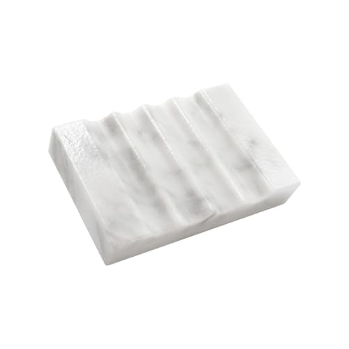 WeDoDecor Real Marble Soap Dish for Shower Stone Tray Small Bar Soap Holder with Self Draining | Non-Slip, Luxury Bath Room Accessories (White) - color: White