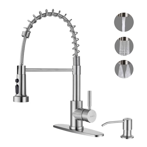 Kitchen Faucets with Pull Down Sprayer and Soap Dispenser, Brushed Nickel Stainless Steel Single Pull Out Spring Sink Faucet, 3 Function Sprayer 1 or 3 Hole Deck Plate for Farmhouse Rv Bar - color: Brushed Nickel, style: Classic(with Soap Dispenser)