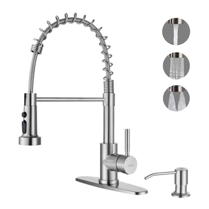 Kitchen Faucets with Pull Down Sprayer and Soap Dispenser, Brushed Nickel Stainless Steel Single Pull Out Spring Sink Faucet, 3 Function Sprayer 1 or 3 Hole Deck Plate for Farmhouse Rv Bar - color: Brushed Nickel, style: Classic(with Soap Dispenser)