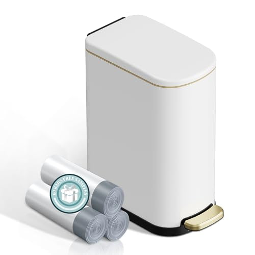KSSKSS 2.6 Gallon/10L Slim Stainless Steel Bathroom Trash Can with Soft Close Lid, for Narrow Spaces,Bathroom, Bedroom (White) - color: White