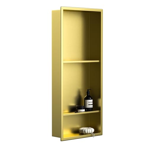 Stainless Steel Shower Niche Gold 30" X 12" No Tile Needed Niche | Recessed shower niche w/ 3-tier shelf,space-saving,golden vertical niche, bathroom niche shower for shampoo & soap storage - color: Gold, size: 30"x 12"