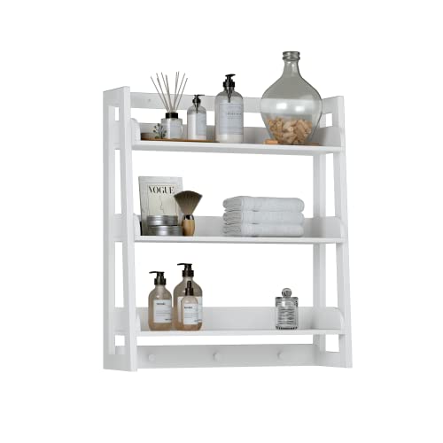 UTEX Bathroom Wall Shelf, 3-Tier Wall-Mounted Organizer with Hooks, White | Space-Saving Ladder Design, 3 Fixed Shelves, 3 Hooks, FSC-Certified Wood for Bathrooms, Kitchens, Bedrooms, and Living Rooms