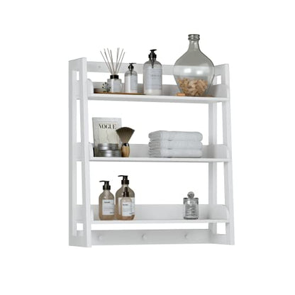 UTEX Bathroom Wall Shelf, 3-Tier Wall-Mounted Organizer with Hooks, White | Space-Saving Ladder Design, 3 Fixed Shelves, 3 Hooks, FSC-Certified Wood for Bathrooms, Kitchens, Bedrooms, and Living Rooms